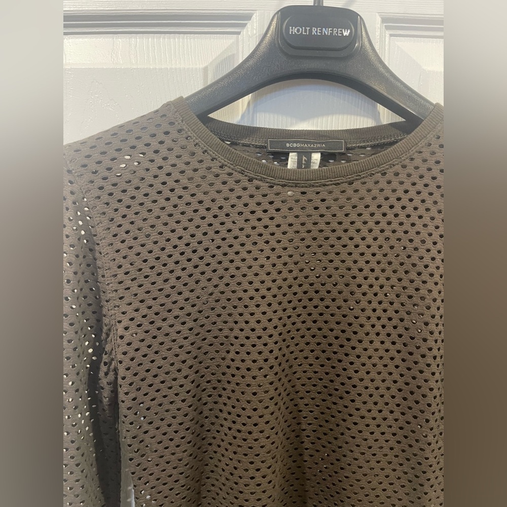 BCBG Army green Mesh Long-Sleeve Crewneck Top -fishnet seethrough sweater small